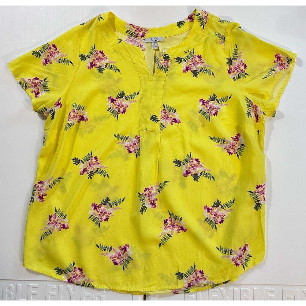 Women’s 1X Yellow Floral Blouse Croft & Barrow Tropical Short Sleeve Top
